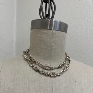 Vintage Silver Tone Long or Double Strand Sculptural Link Chain Necklace